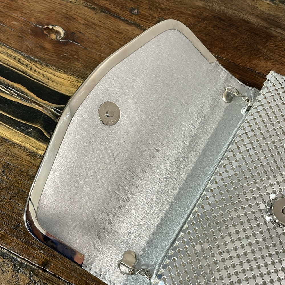 Mind Handbags Incorporated shiny silver clutch purse with chain - some staining - Picture 6 of 17